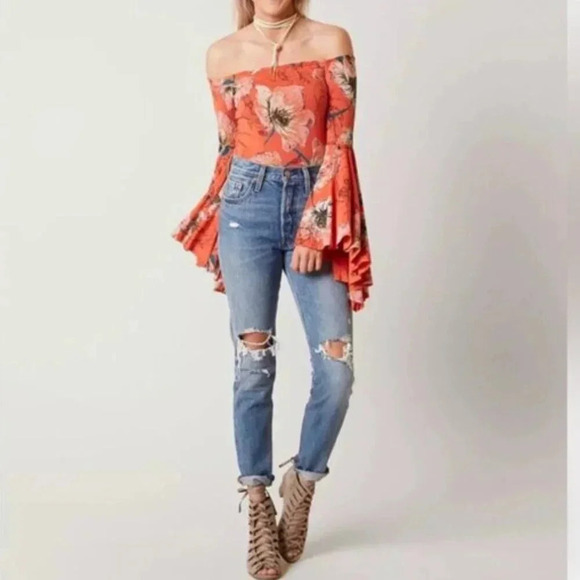 We The Free Printed Birds  Of Paradise Top Mulitcolour Flared Sleeves L - Picture 1 of 15
